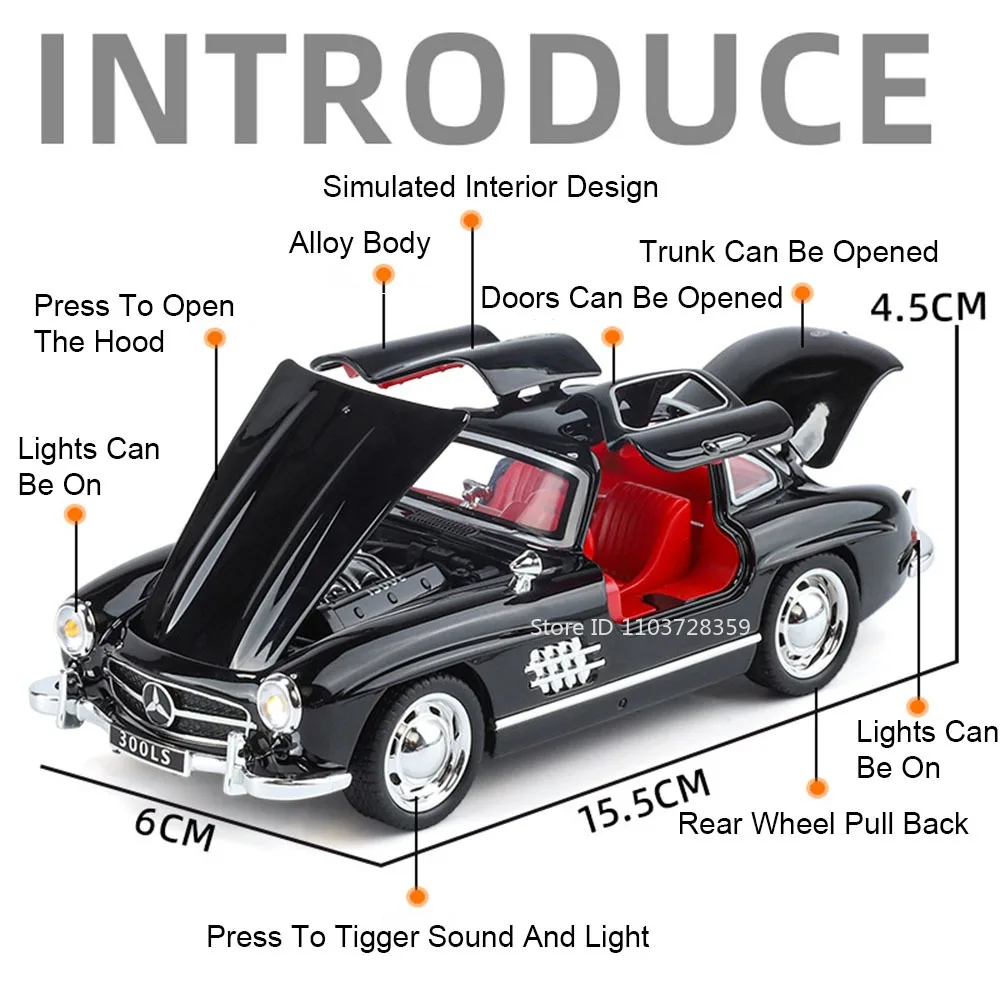 1:32 스케일 300SL 빈티지 자동차 장난감 모델 합금 다이캐스트 사운드 라이트 도어 오픈 풀백 고무 타이어 어린이 생일 선물