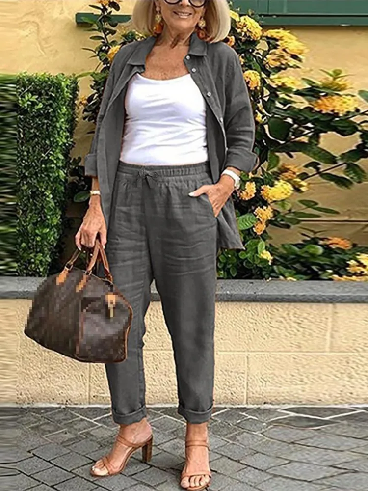 Women Fashion Pocket Cotton Linen Sets Spring Summer Loose Long Sleeve Shirt Long Pants 2 Piece Sets Casual Office Ladies Suit - Image 6