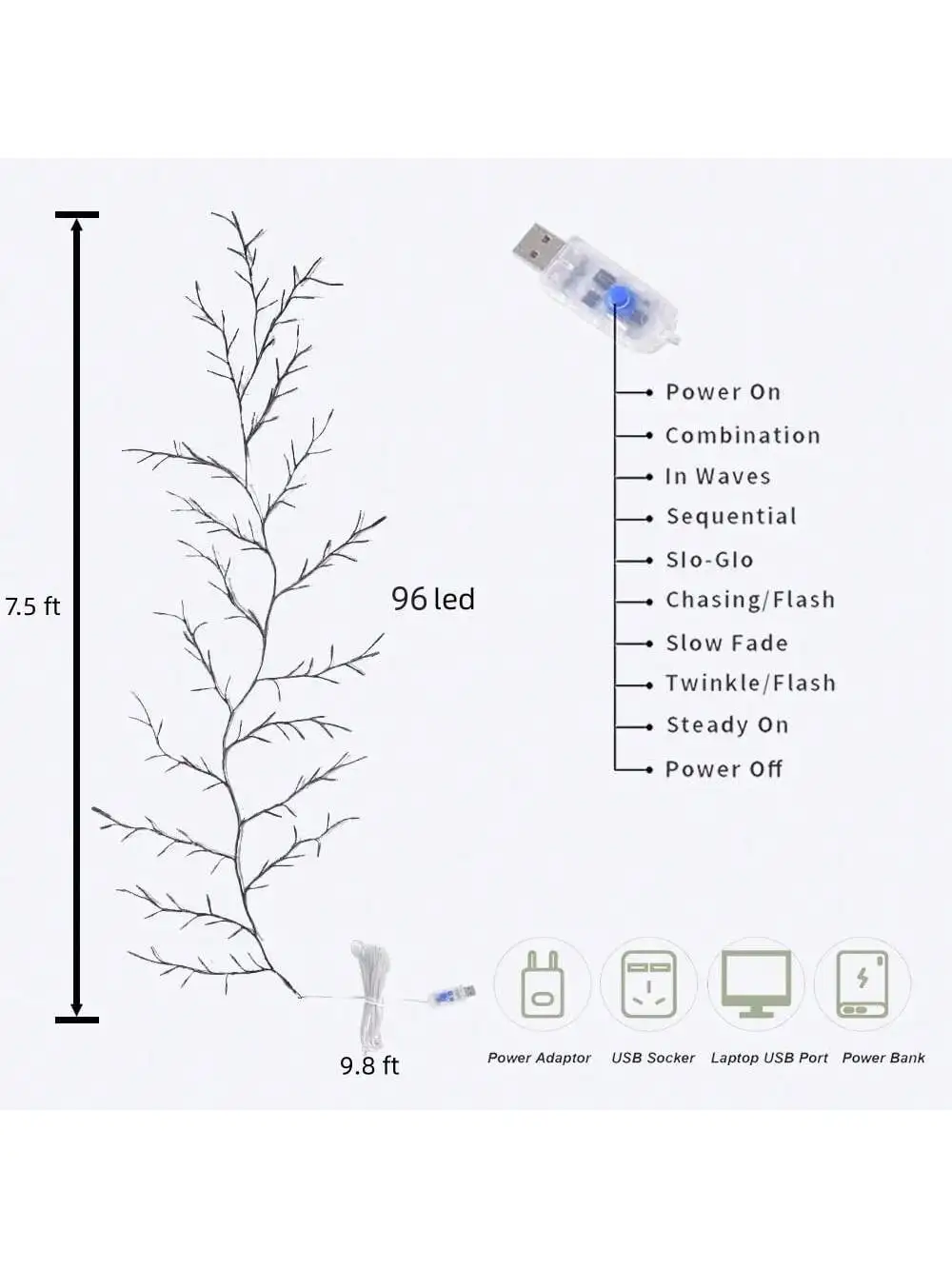 7.5Ft 96LED Enchanted Willow Vine Lights USB Powered 8 Modes Remote Dimmable Timer Waterproof Bendable Branch Fairy Lights Wall Decor for Bedroom Living Room Christmas Home Party