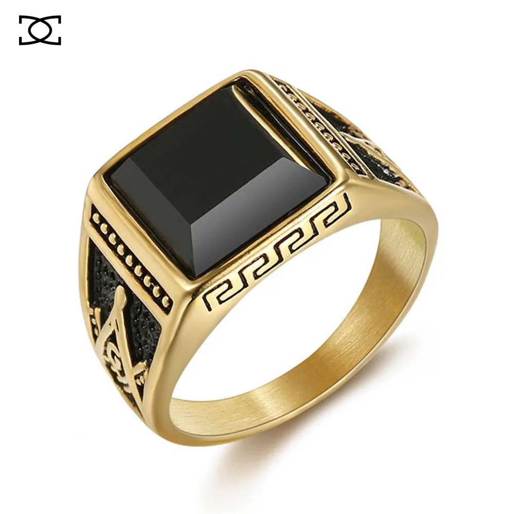 Gothic Punk Masonic Stainless Steel AG Ring Alabaster Onyx Noble Casting Ring Creative Ring Men Jewelry