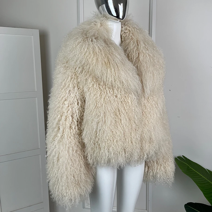 Real Sheep Skin Coat Lamb Fur Coat Women's Winter Jackets Light Green Collarless Mongolian Fur Coat High Quality Real Fur Jacket