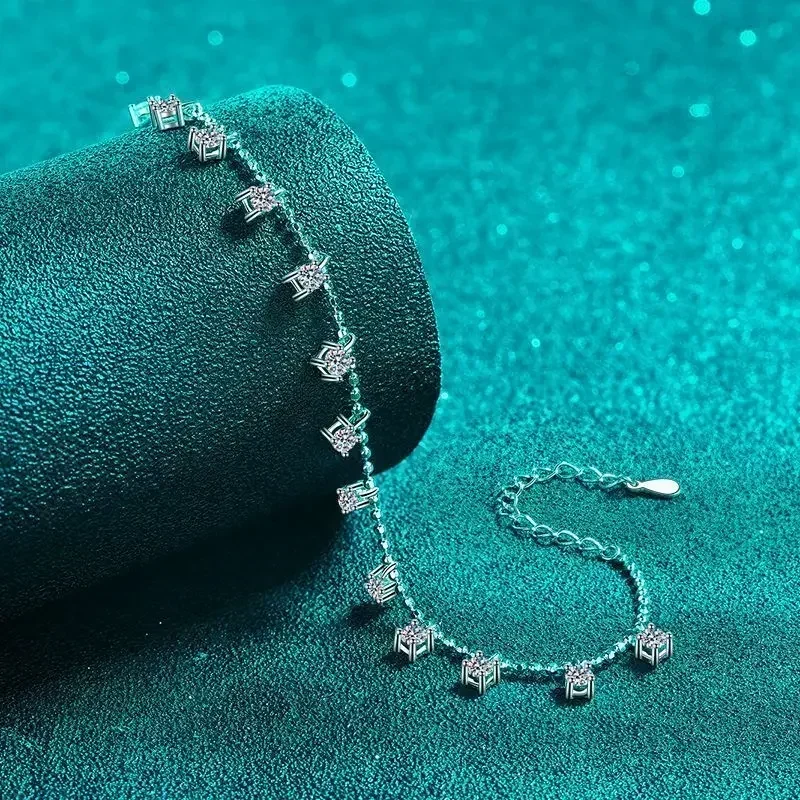 

1.3/3.9 Carat D Color Full Moissanite Diamond Charm Bracelets for Women, White Gold Diamond Bracelet Fine Jewelry Birthday Gift