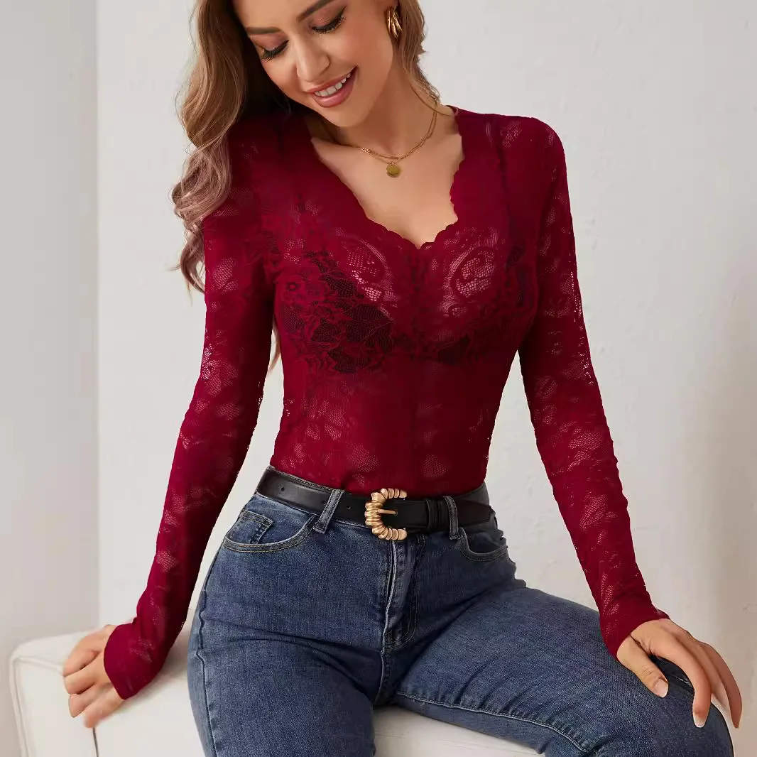 

Women Long Sleeve Sheer Mesh Blouse Sexy See Through V Neck Floral Lace Shirt Y2K Daily Wear Street Dating Night Club Party Tops
