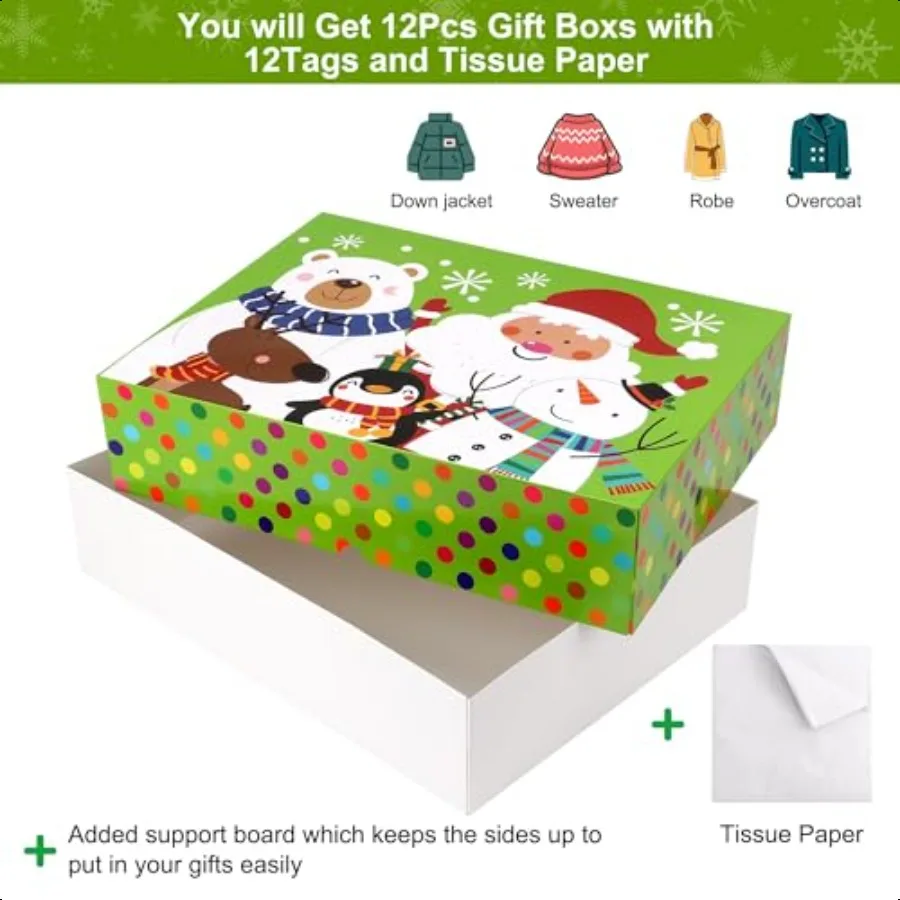 12Pcs Extra Large Christmas Gift Boxes Bulk with Lids4inch Deep Christmas Robes Boxes with Tissuer Paper and Stickers Decorativ