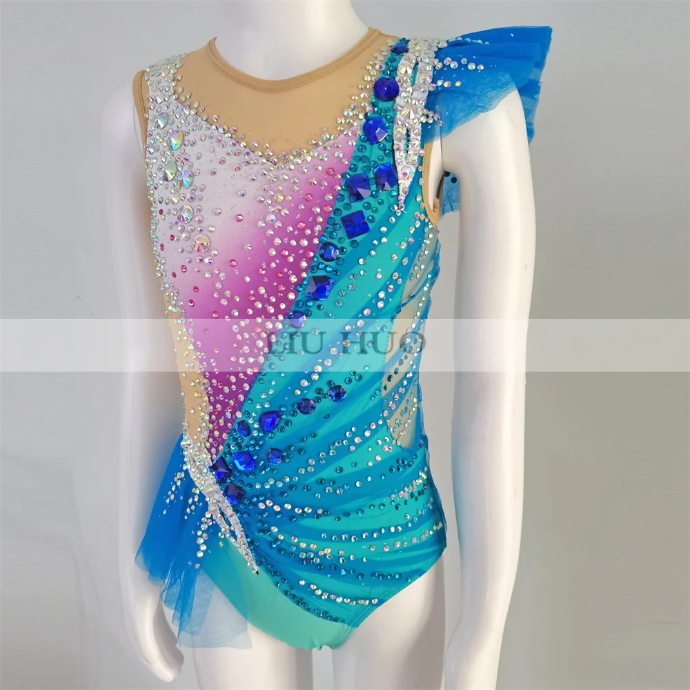 Liuhuo personalizar feminino menina traje desempenho ginástica rítmica collants competição patinação no gelo vestido azul cheerleading