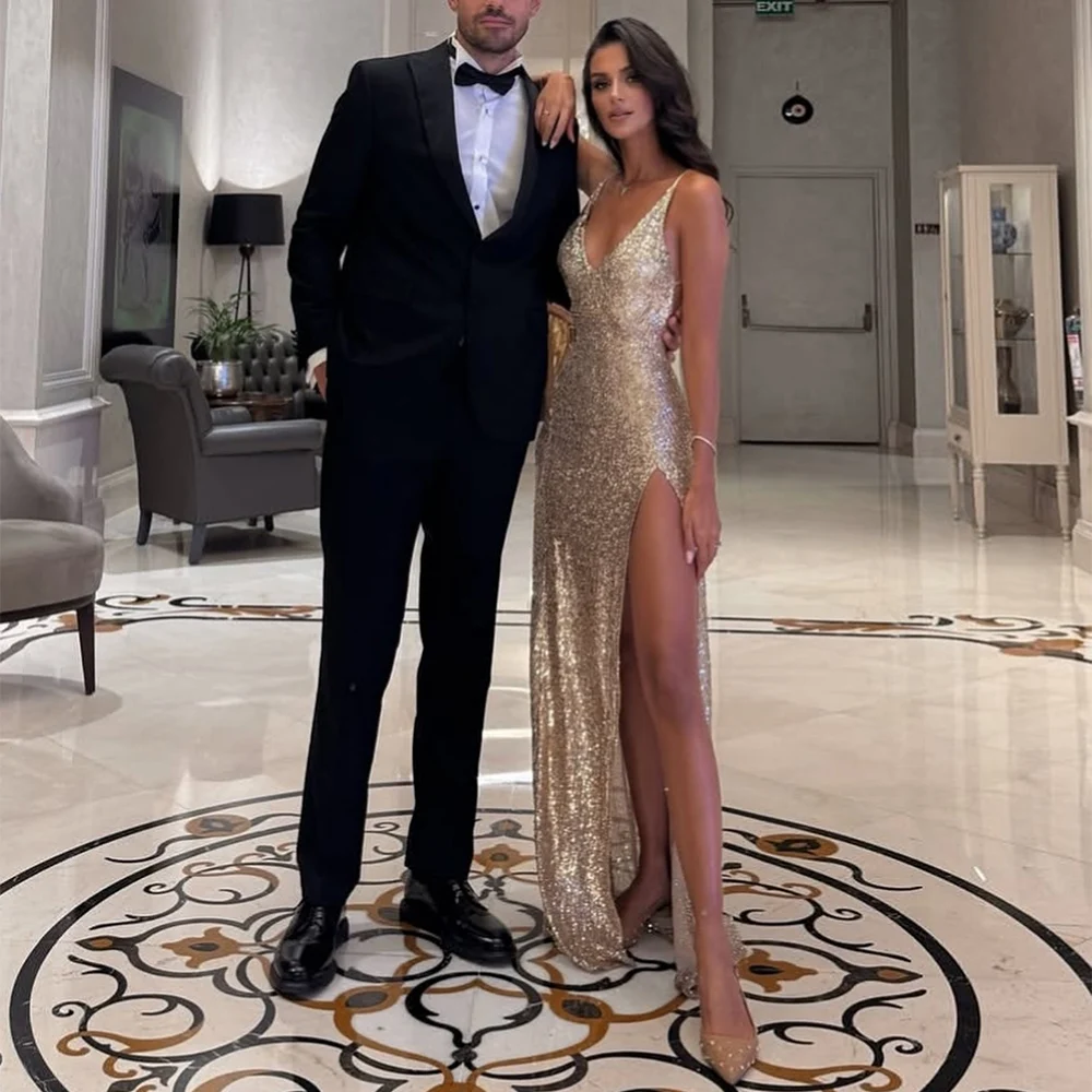 

Glitter Evening Dress Sequined Deep V Neck Backless High Split Sexy Evening Gowns Long Sleeveless Mermaid Women's Prom Dresses