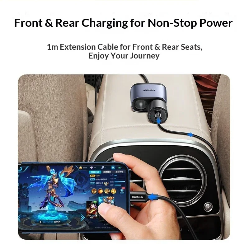 UGREEN 30886 216W 2-Socket Car Charger Splitter with Front Rear Extension Cable PD USB C USB Charging.