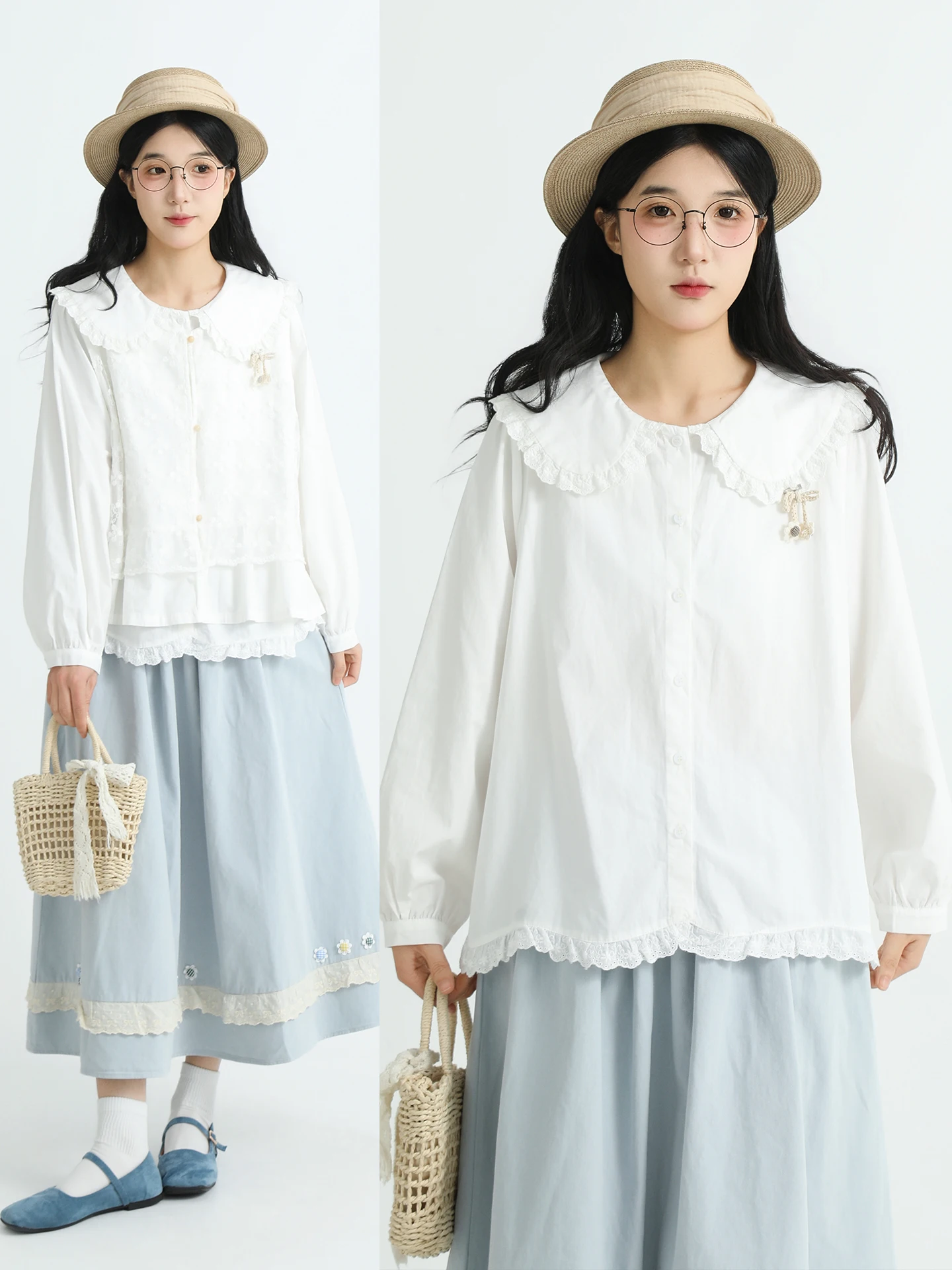 

Bouren Floral Knot Shirt Women's Japanese Style Patchwork Asymmetrical Top Cotton Long Sleeve Warm Casual Shirt