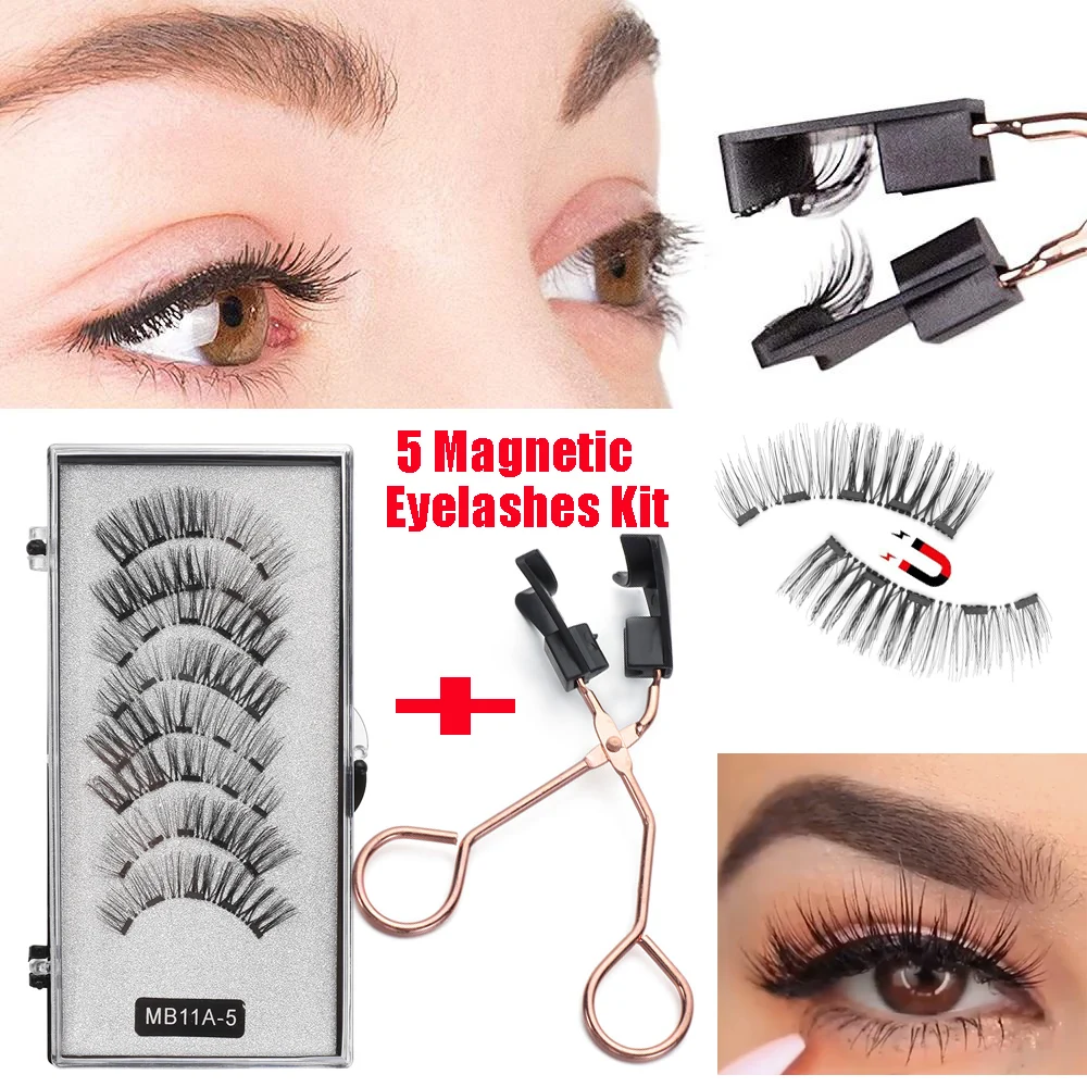 Eye Makeup Tools Natural Long Handmade Reusable Magnetic Eyelashes With Applicatore No Glue Needed Eyelashes Five Magnets