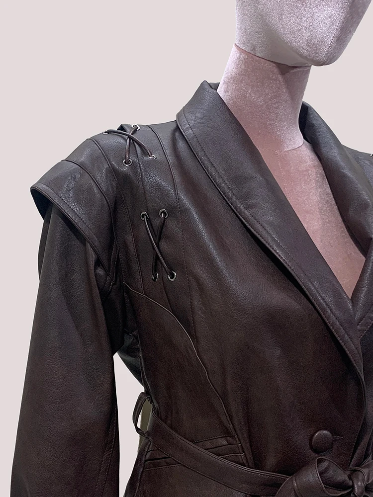 Mauroicardi Autumn Retro Brown Short Asymmetrical Pu Leather Jacket Blazer Women Shawl Collar Lace Up Luxury Designer Clothes