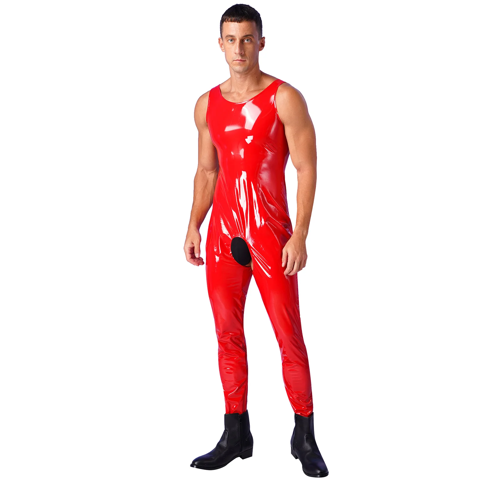 Mens Lingerie One-piece Costume Wet Look Patent Leather Bodysuit U Neck Sleeveless Crotchless Catsuit Leotard Jumpsuit Clubwear