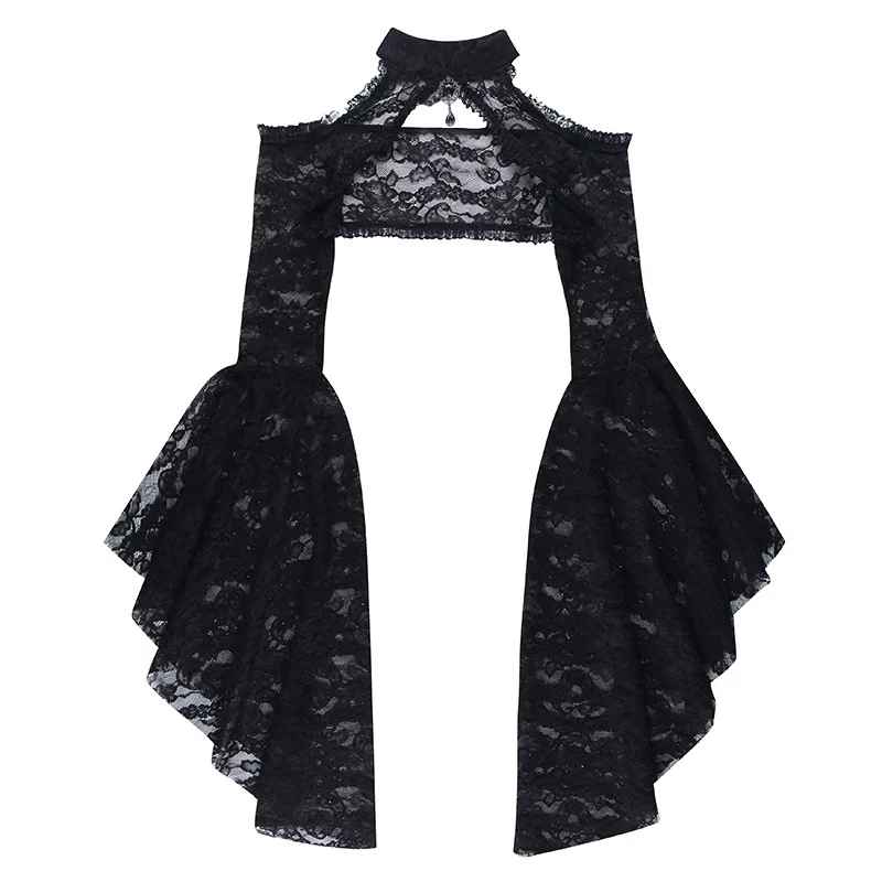 Black See Through Floral Lace Stand Collar Flare Sleeves Steampunk Victorian Jacket Women Cosplay Anime Vintage Coat Gothic Top