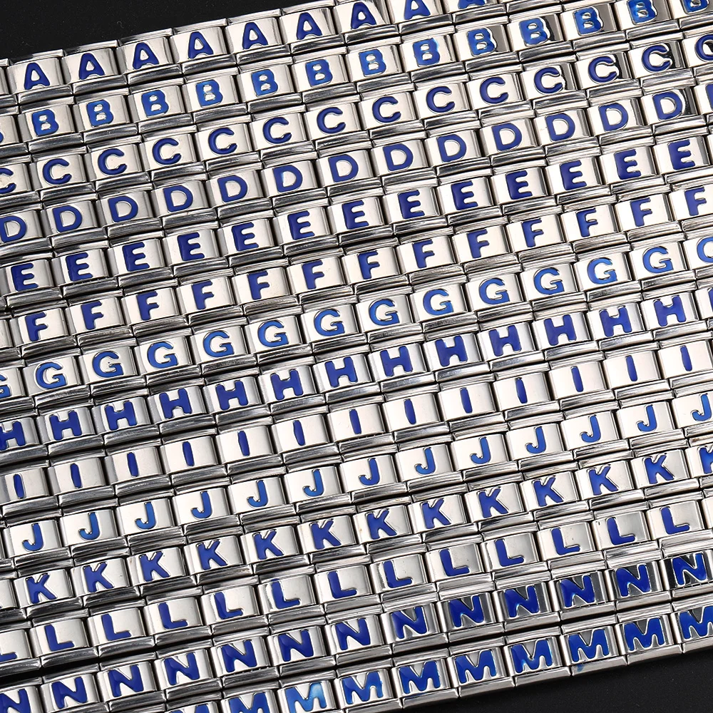 Italian Charm Links Fit 9mm  Blue 26 English A-Z Letters 1PC Stainless Steel Customized Name Bracelet  DIY Jewelry Commemorate 