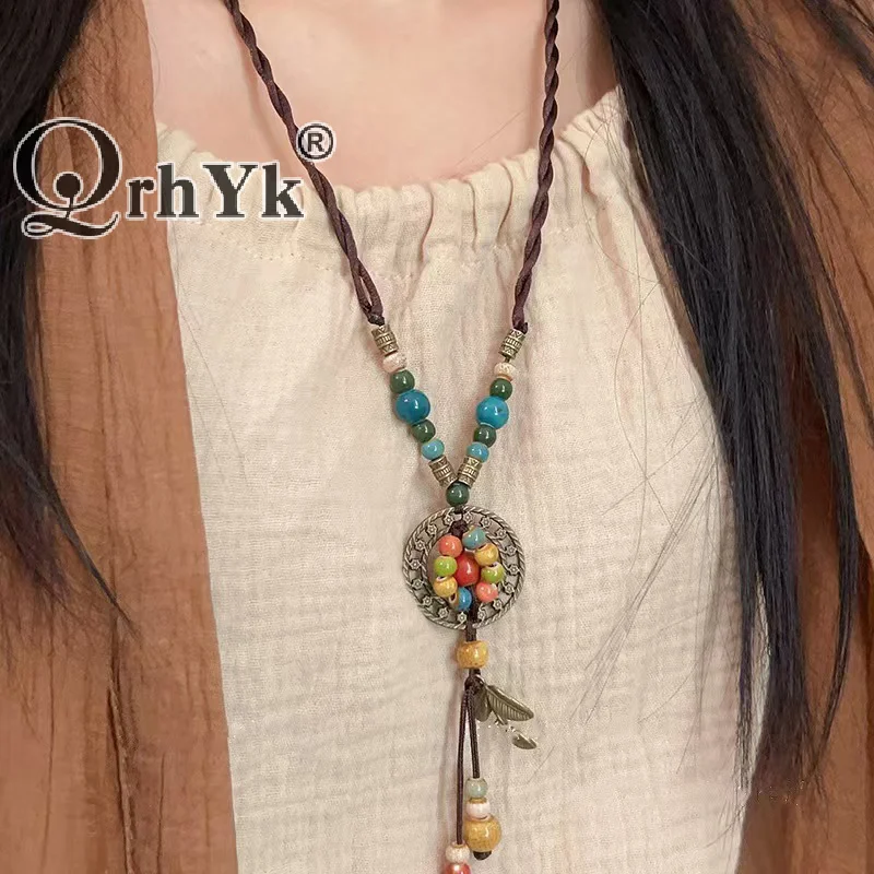 Vintage Bohemian Style Ceramic Beaded Woven Necklace For Women Girls Ethnic Style Long Necklace Jewelry Accessories Gifts