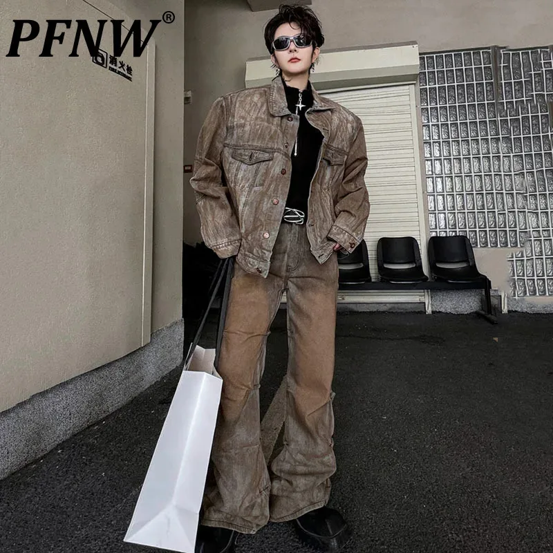 PFNW Men's Patchwork Pleated Denim Suit Male Lapel Worn Out Personality Jackets Gradient Color Wide Leg Jeans Autumn Chic 9C4758