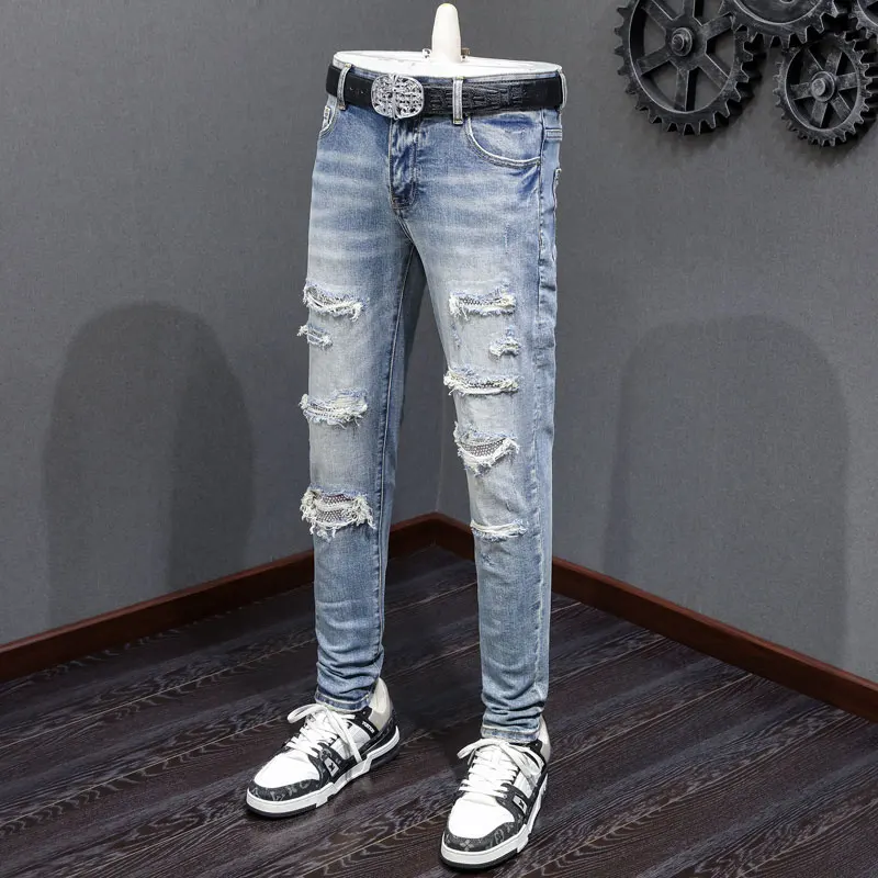 

High Street Fashion New Men's Jeans Washed Nostalgic Stretch Slimming Blue Beaded Patch Jeans Designer Hip Hop Brand Painted Pan