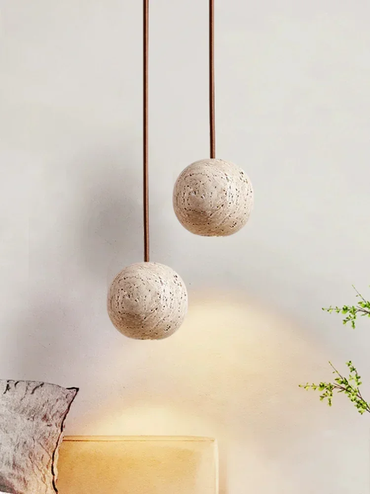 Pendant Lamp Stone Yellow Travertine Chandelier Bedside Small Round Light  Bedroom Creative Hanging Line Lighting