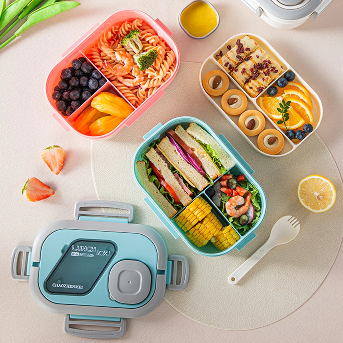 Portable Lunch Box Compartment Wheat Straw Bento Carrying Handle Box Reusable Tableware Containers Meal Snack Food Containers