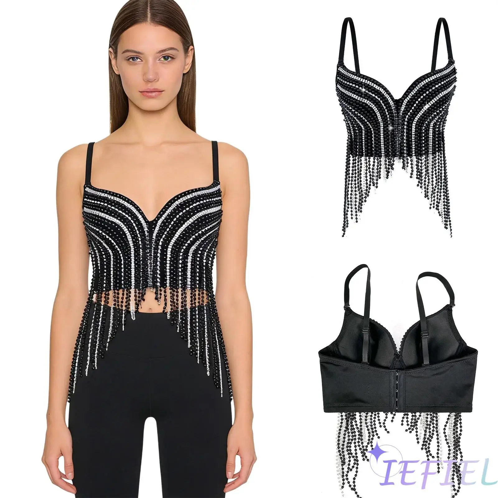 

Women Tassel Bustier Vest Push-up Underwire Bra Plastic Beads and Rhinestones Tassel Crop Tank Top Camisole Belly Dance Clothing