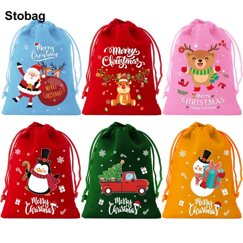 

StoBag 6/8/12/20/30pcs One Set Merry Christmas Velvet Bag Drawstring Small Gift Storage Packaging Bundle Pocket Kids Pouch Party