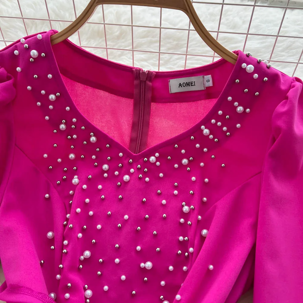 Chic vintage scollo a V strass increspato perline sottile elegante fata moda coreana Boho vestito estivo abbigliamento donna Abito lungo