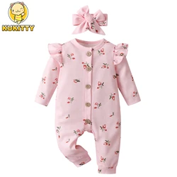 Spring Autumn Newborn Infant Baby Girl Romper Clothes Knit Long Sleeve Jumpsuit Playsuit with Bow Headband Clothing for Girls