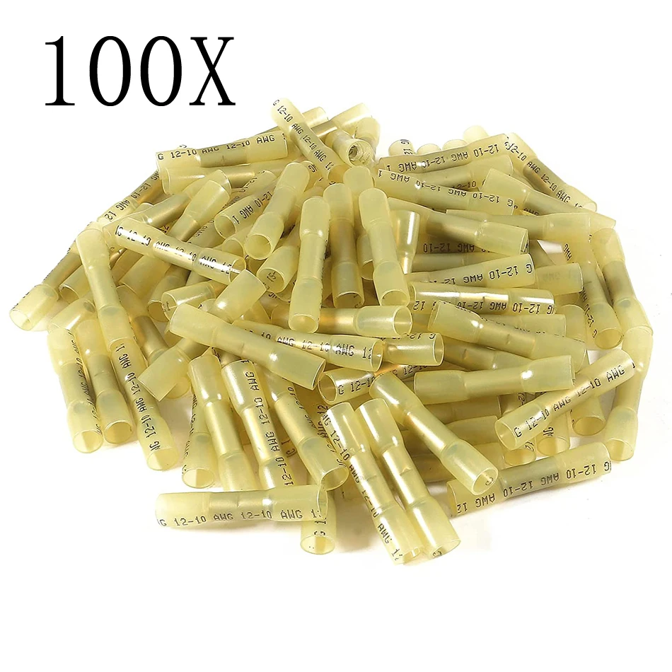 10/50/100pcs Waterproof Heat Shrink Butt Connectors Yellow 12-10 AWG, Electrical Crimp Wire Splice Connectors Insulated Marine