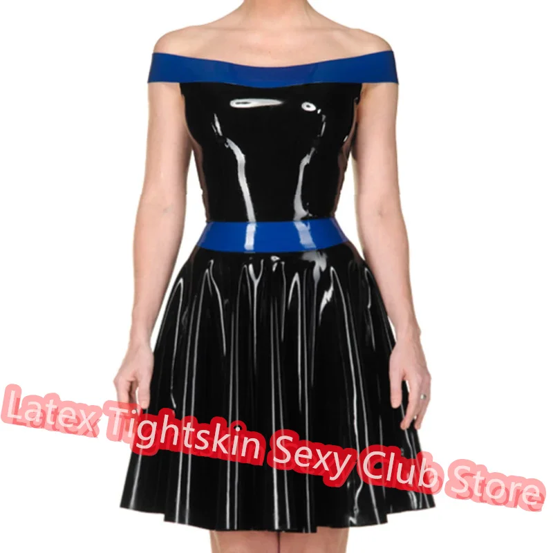 

Latex Dress Handmade Black with Blue Color with Back Zip Sexy Fetish Customized for Women Cosplay Costumes
