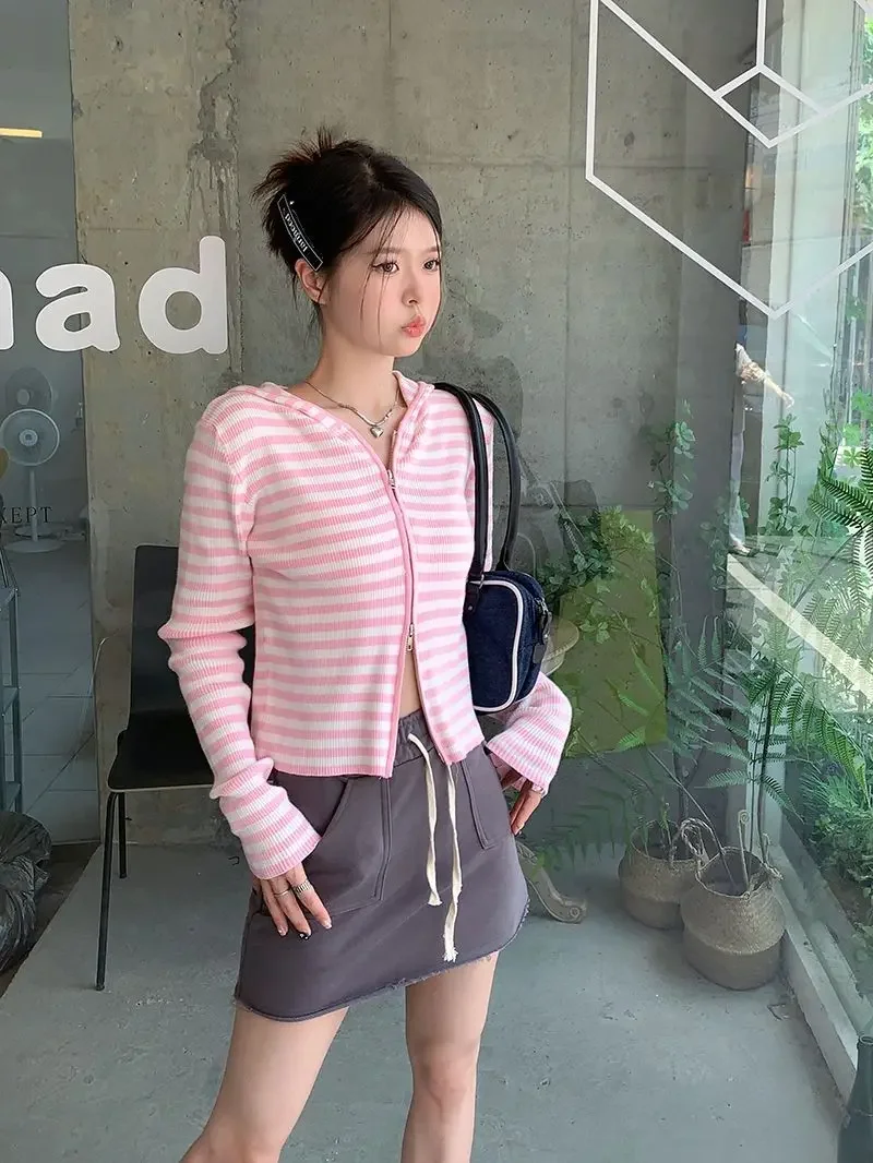 Striped Cardigan Women Slim Zipper Cropped Design American Style Fashion Young All-match Spring Chic Classic Кардиган Женский