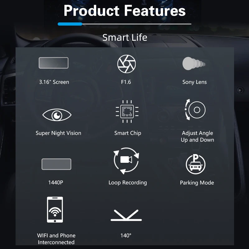 PHILIPS 2K+1080P Dash Cam Front and Rear Cam WiFi Car Camera 3.16 Inch Screen WDR Night Vision 140° Wide Angle Loop Recording