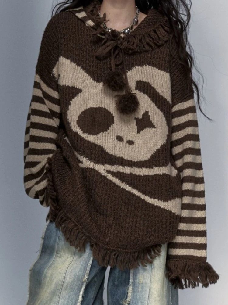 Y2K Punk Skull Hooded Sweater Women Long Sleeve Harajuku Streetwear Loose Knitted Pullovers Autumn Winter Casual Fashion Clothes