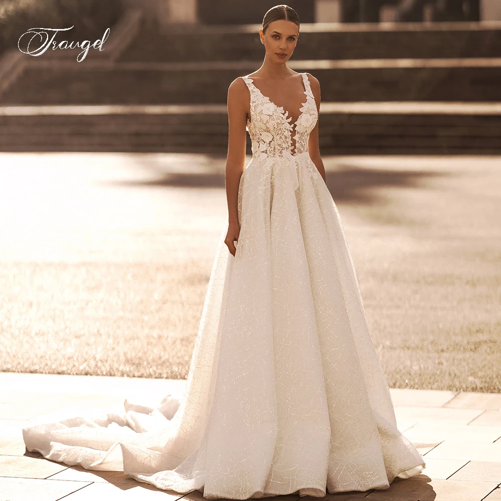 Traugel Sexy Backless V Neck Lace Vintage Wedding Dresses Delicate Tank Appliques Flowers Court Train A Line Bridal Gown