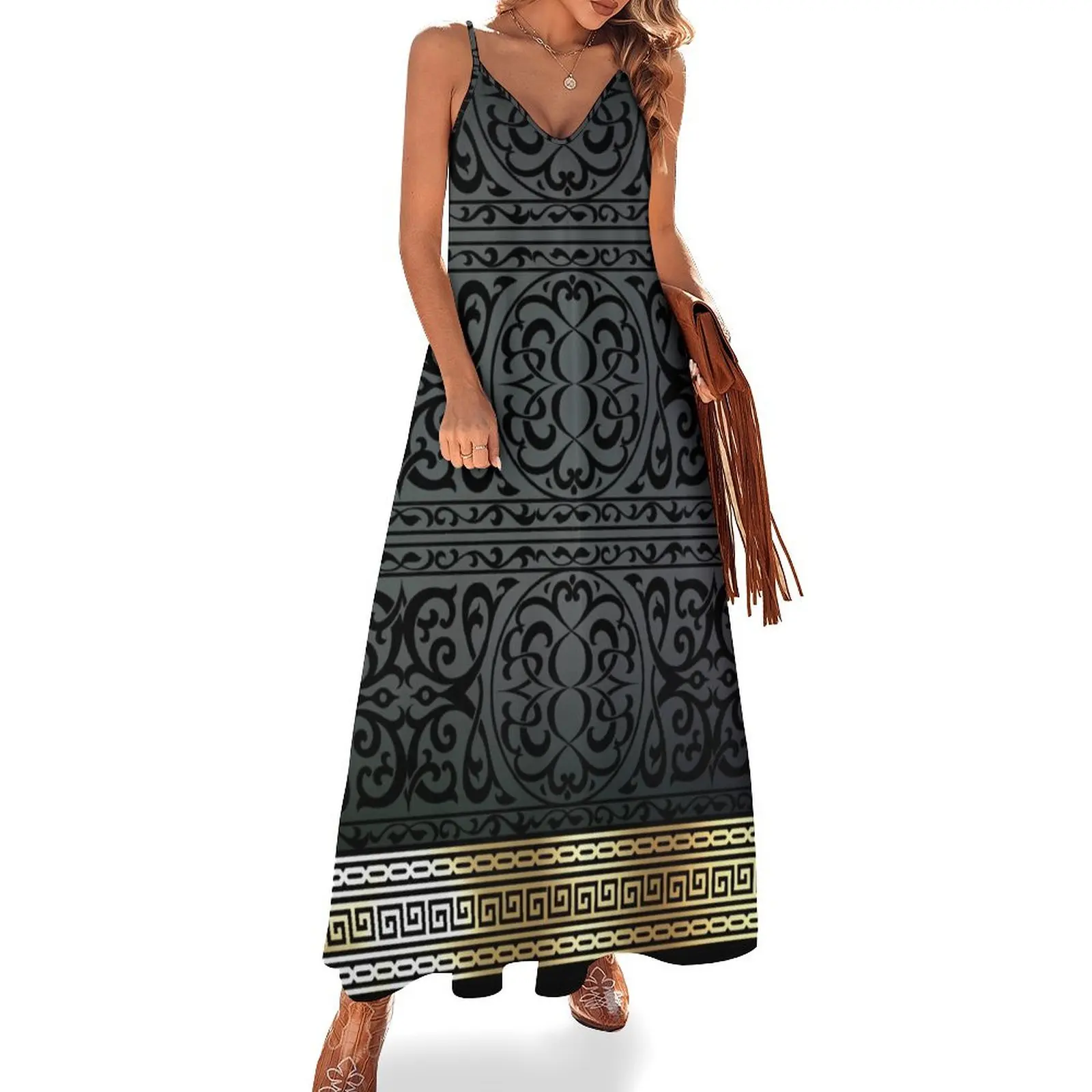 

Greek Key Ornate Black & Gold Sleeveless Dress women's clothing summer 2024 novelties Woman clothing