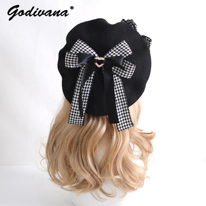 

Spring Autumn Lolita Style Girls Hat Fashion Plaid Woolen Women's Heart Bowknot Hats Handmade Lace Bow Japanese Style Beret