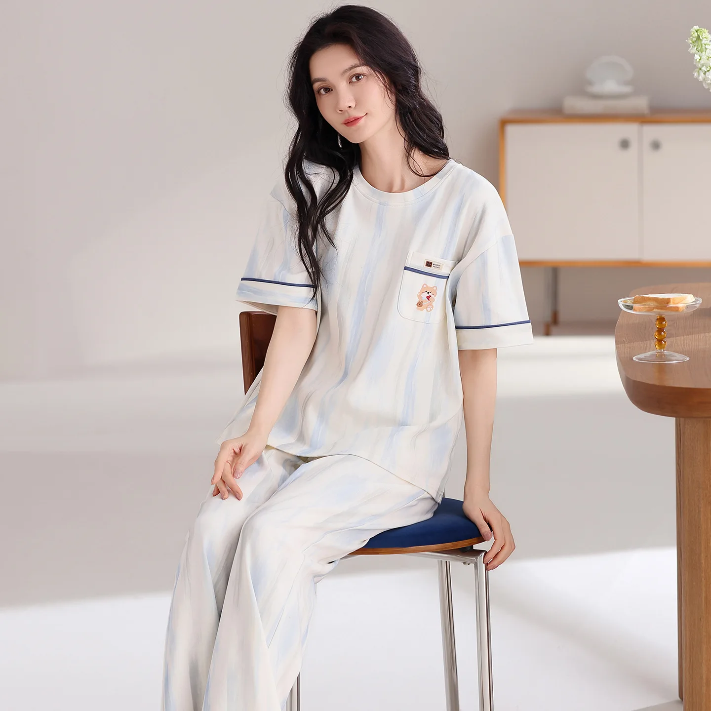 

2 Pieces Set Women's Cotton Pajamas Set Summer Short Sleeves Long Pant Homewear Sweet Korean Sleepwear M-2XL Loungewear Femme