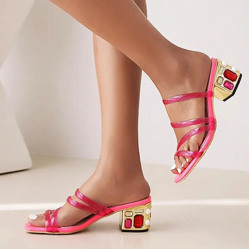 Seaside Shoes Women Summer New Fashion Transparent Sheer Sandals Colored Diamond Square Heels Beach Slides Woman Slippers 2022