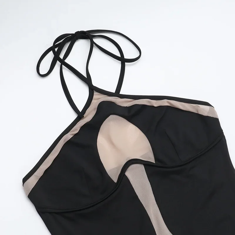 Robe en maille Patchwork pour femmes, col licou, dos nu, sans manches, slim, minuit, élégante, contraste, Chic, longue, moulante