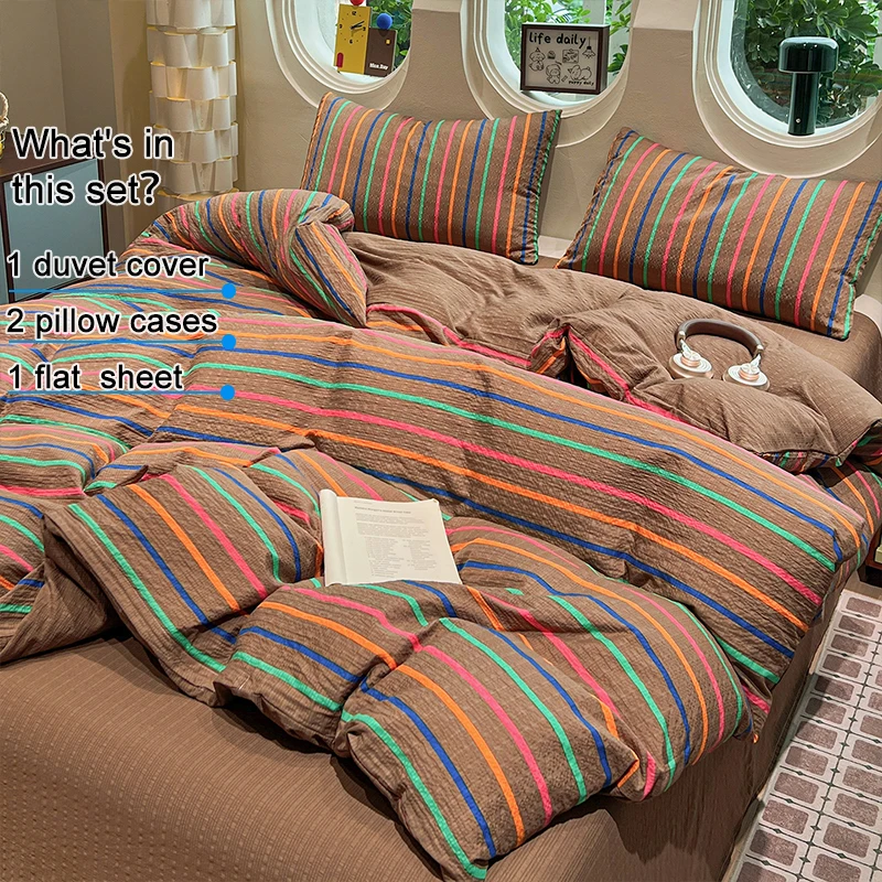 Retro Brown Colorful Stripe Bedding Set, 1 Duvet Cover 1 Flat Sheet 2 Pillowcases, Soft Breathable Bed Linen Set for Bedroom