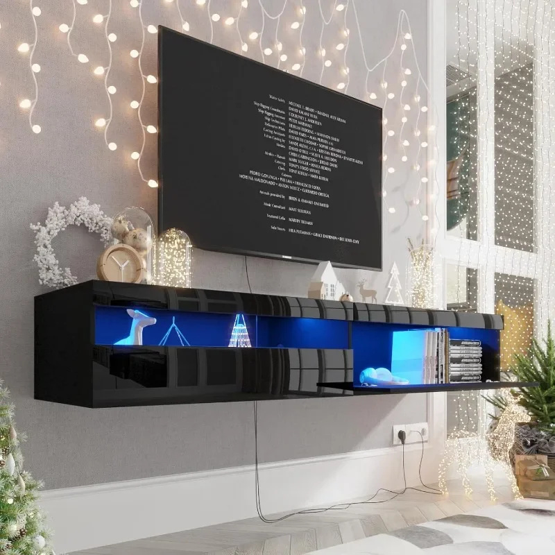 Floating TV Stand with Led Lights, 71 inch Wall Mounted TV Shelf with Power Outlet, Modern Entertainment Center Media Console