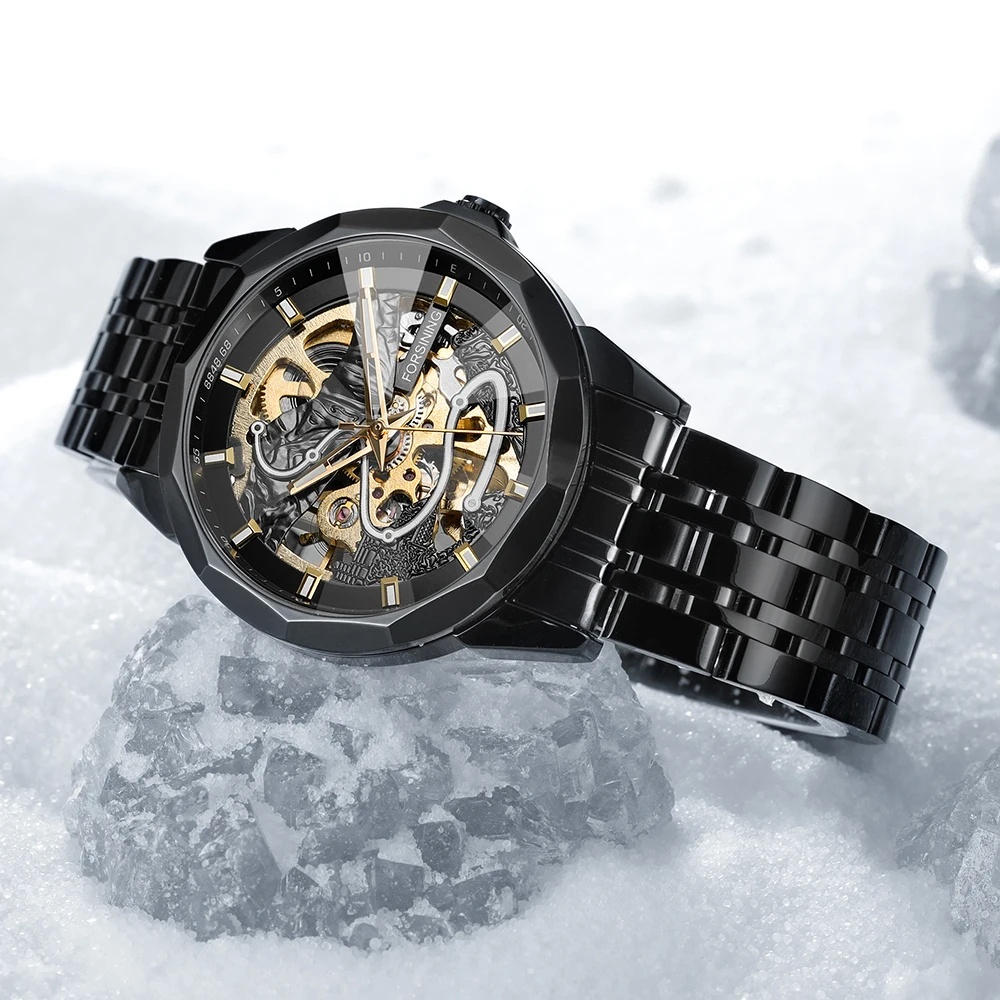 

FORSINING Luxury Steel Skeleton Mechanical Man Watch High Quality Automatic Movement Clock Military Waterproof Male Wrist Watch