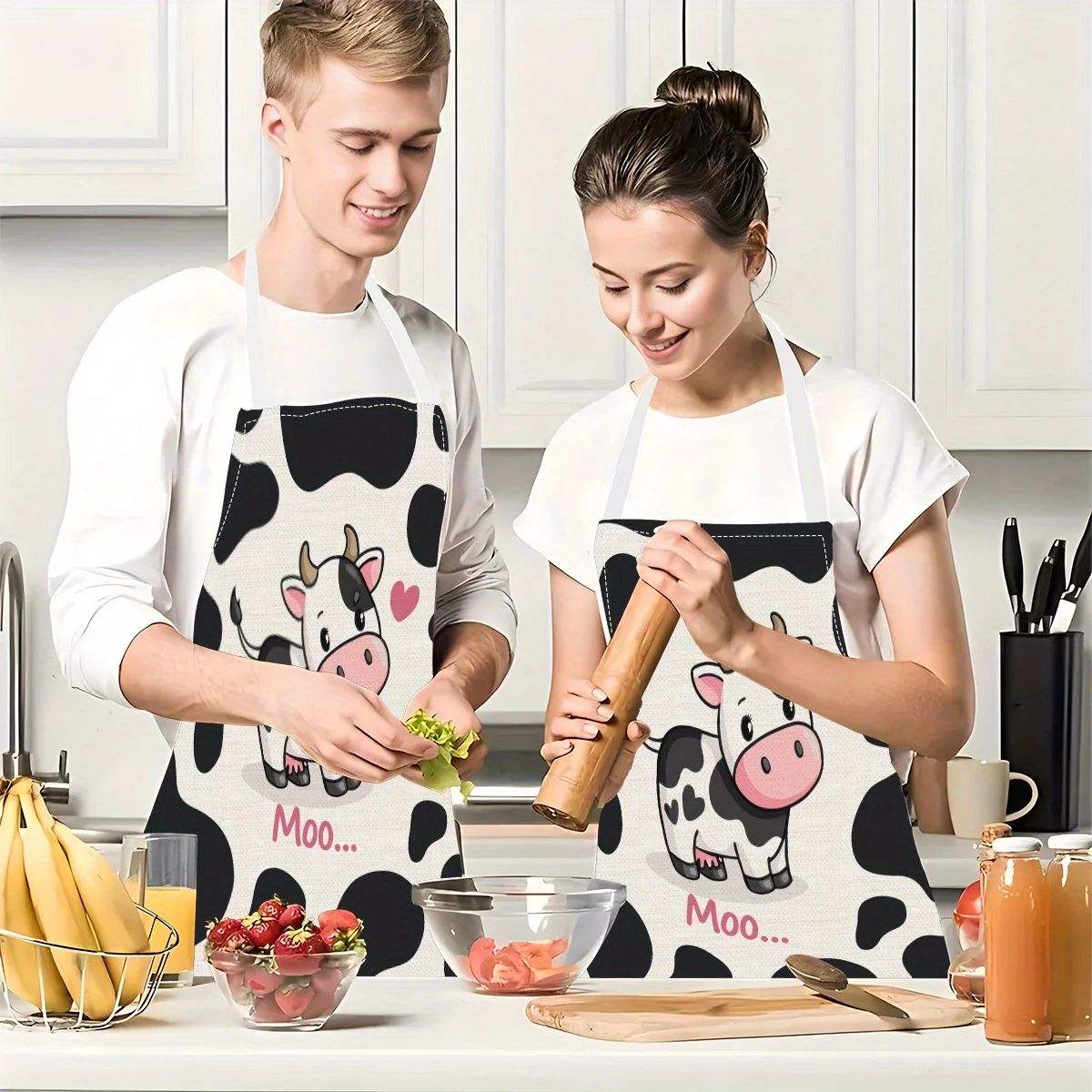 1pc Cute Cartoon Cow Print Kitchen Apron for Women and Kids Funny Animal Design Cooking Baking BBQ Party Gift - view 5