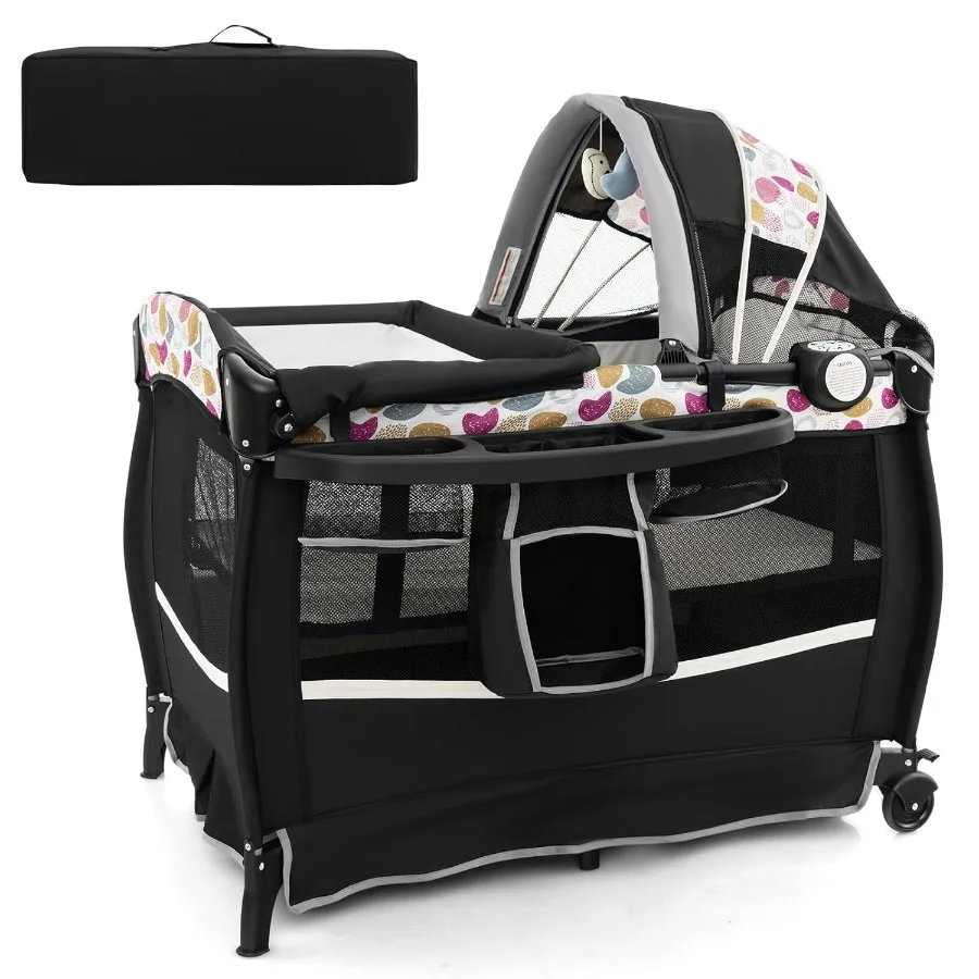 Pack and Play 4 in 1 Portable Baby Crib Playpen w Bassinet Changing Table Canopy Mattress Music Box Storage Bag Foldable Pack n