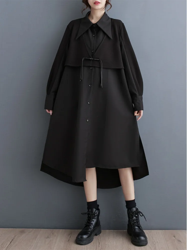 #3455 False Two Piece Shirt Dress Women Loose Split Joint A-line Midi Dress Ladies Polo Neck Black Irregular Dress Female Spring