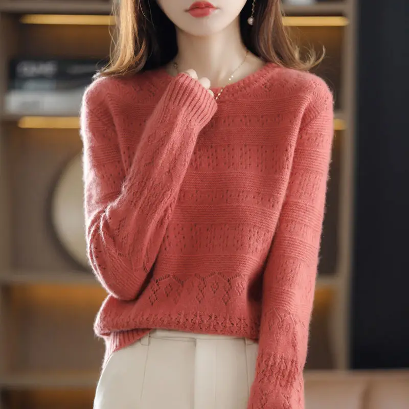 Korean Simple Style Hollow Soft All Match Basic Knitted Sweaters for Women Spring Autumn Casual O Neck Long Sleeve Pullover Tops