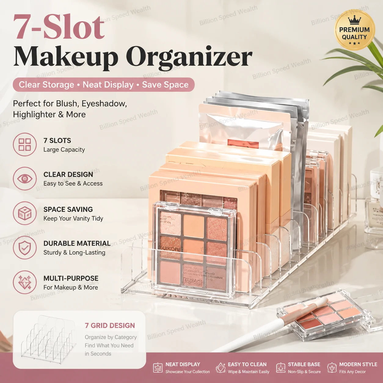 Makeup Organizer Box, 7-Compartment Clear Storage Shelf, Multi-Cell Display for Cosmetics, Blush, Eyeshadow,Space-Saving Durable