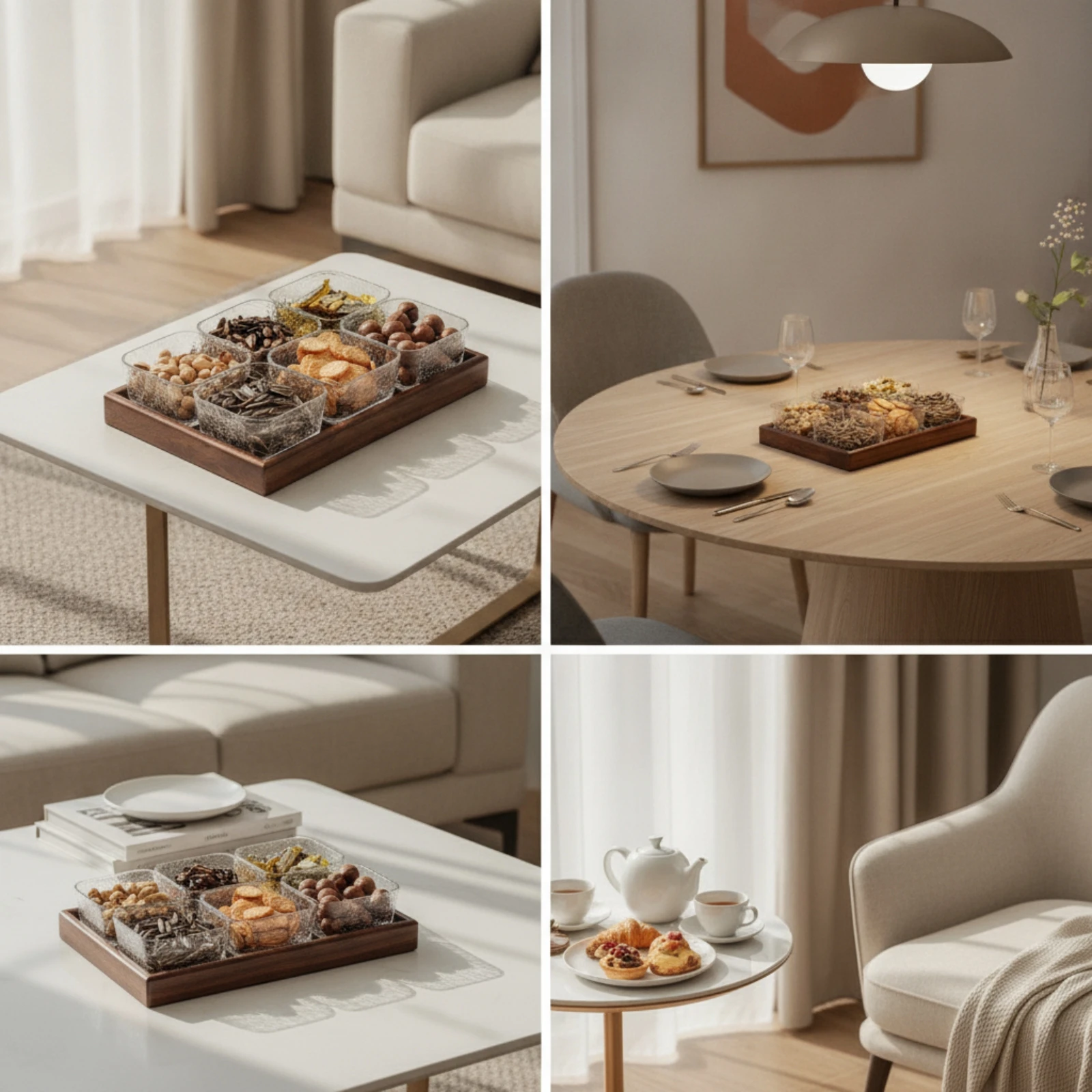 Walnut Serving Platter with Bowls Rectangular Wood Tray with Glass Bowls Condiment Server with Glass Dishes Elegant for Hosts