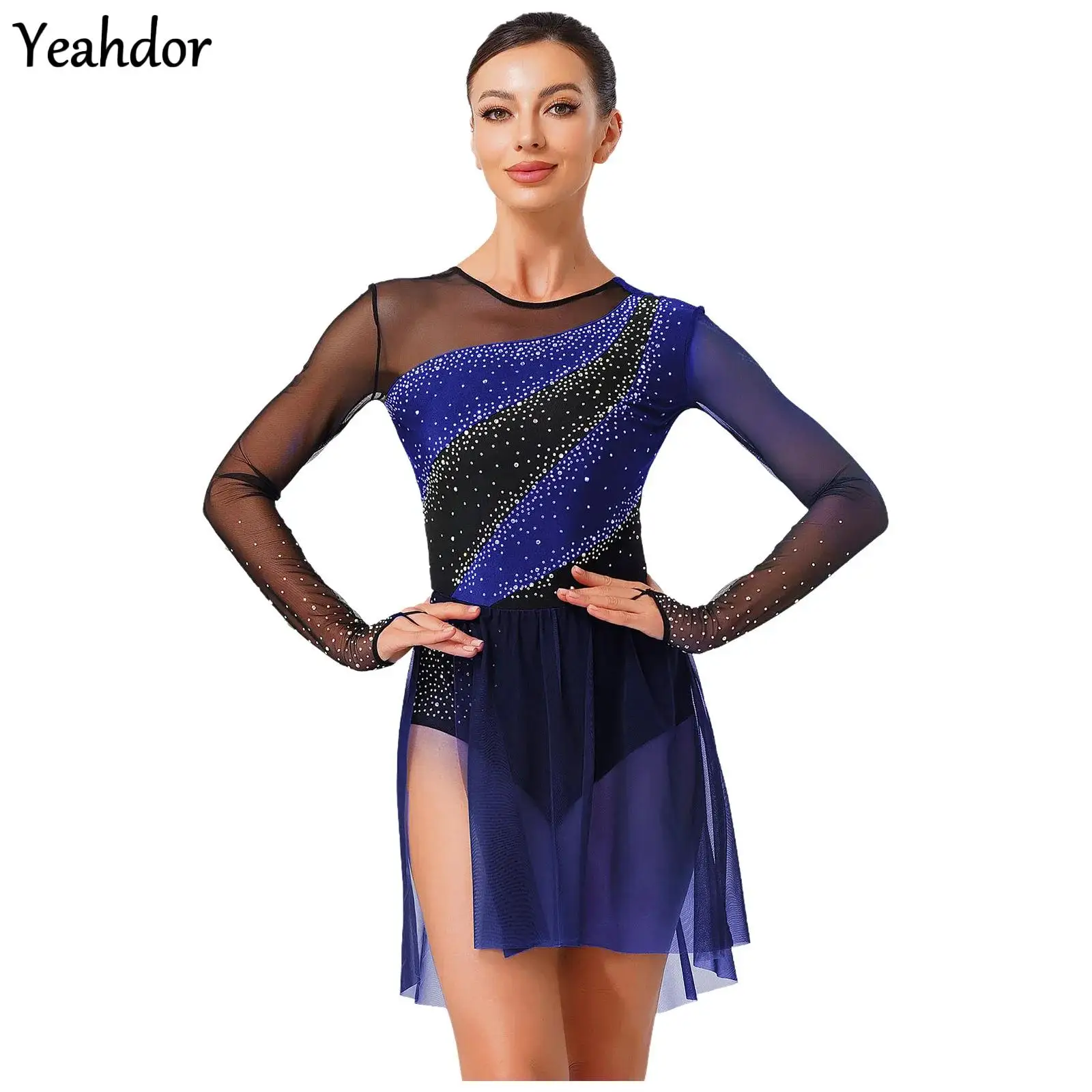 Ginnastica da donna Pattinaggio di figura Body Abito Strass Sheer Mesh Overlay Dress Modern Lyrical Ballet Dance Dress Tuta