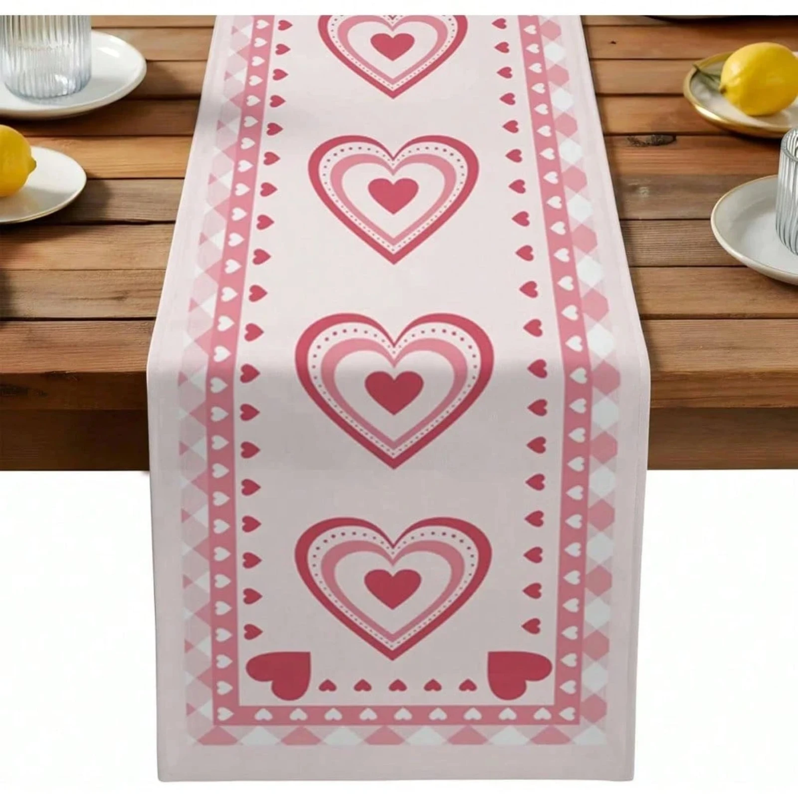 Valentine's Day Table Runner Pink Heart Plaid And Polka Dot Pattern Suitable For Kitchen Dining Room And Home Party
