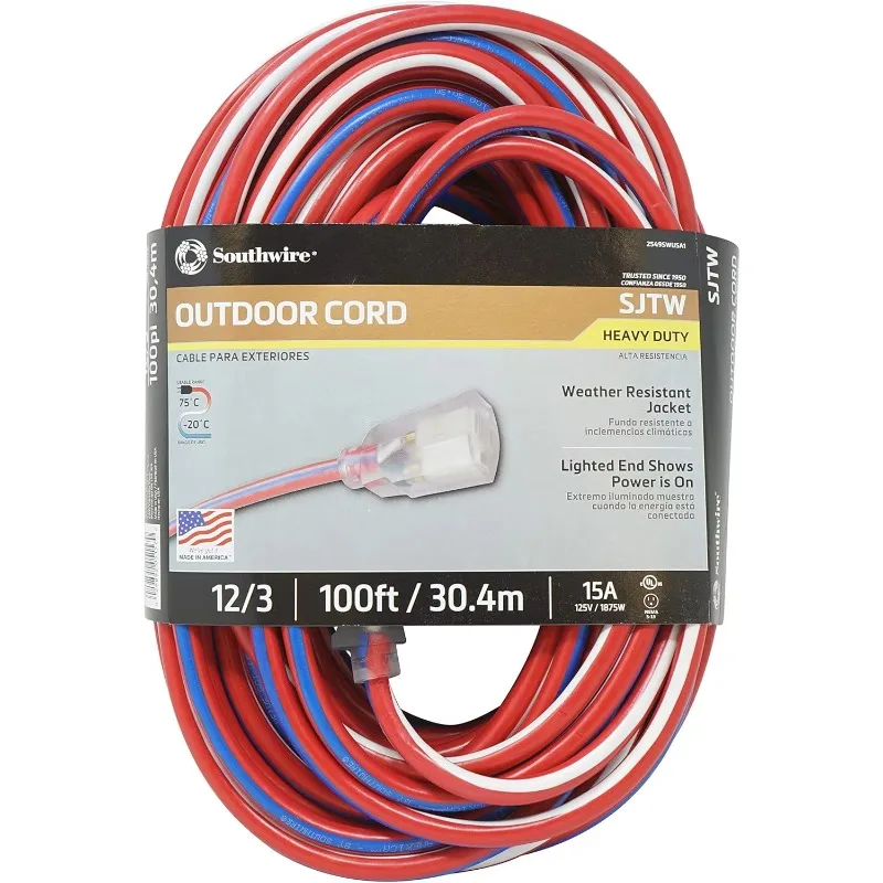 

Heavy Duty Extension Cord, 12 Gauge, 3 Conductor, Water Resistant Flexible Jacket, SJTW, Red/White/Blue, 2549SWUSA1