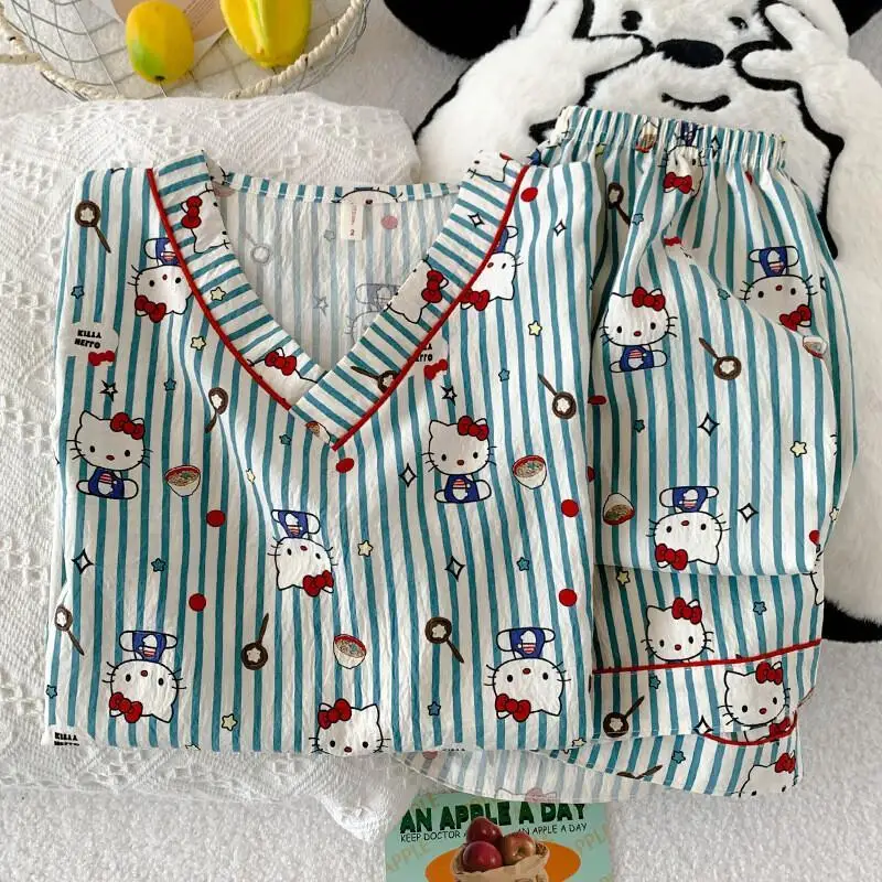 

Милый пижамный комплект Kawaii Sanrio Ins из хлопковой марли, женская летняя домашняя одежда, можно носить на улице, с короткими рукавами, шорты, V-образный вырез, ночная одежда